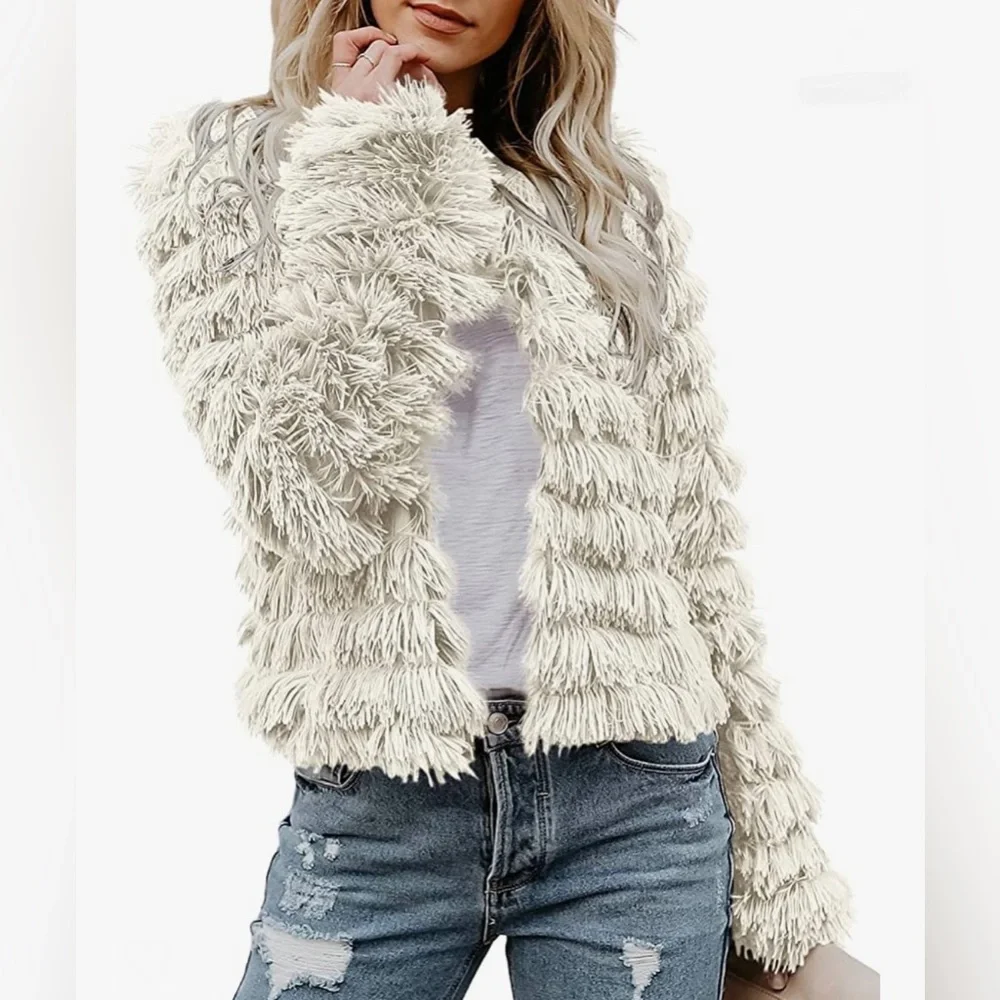 Amazon | Open Front Faux Fur Shaggy Jacket | White | Small